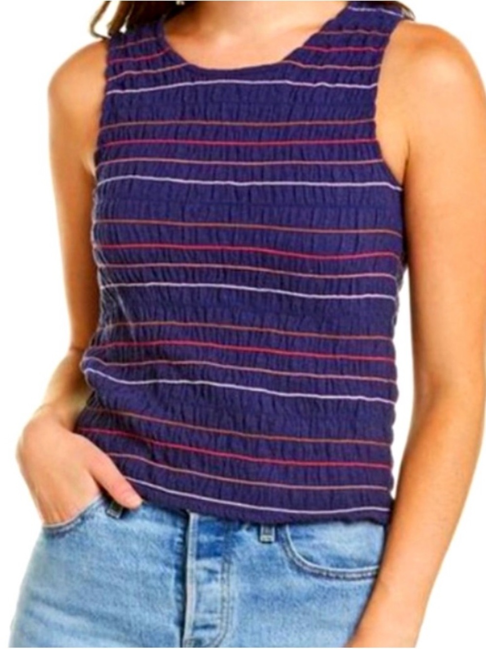 Madewell Navy Blue Striped Smocked Tank Top Blouse M Cottagecore